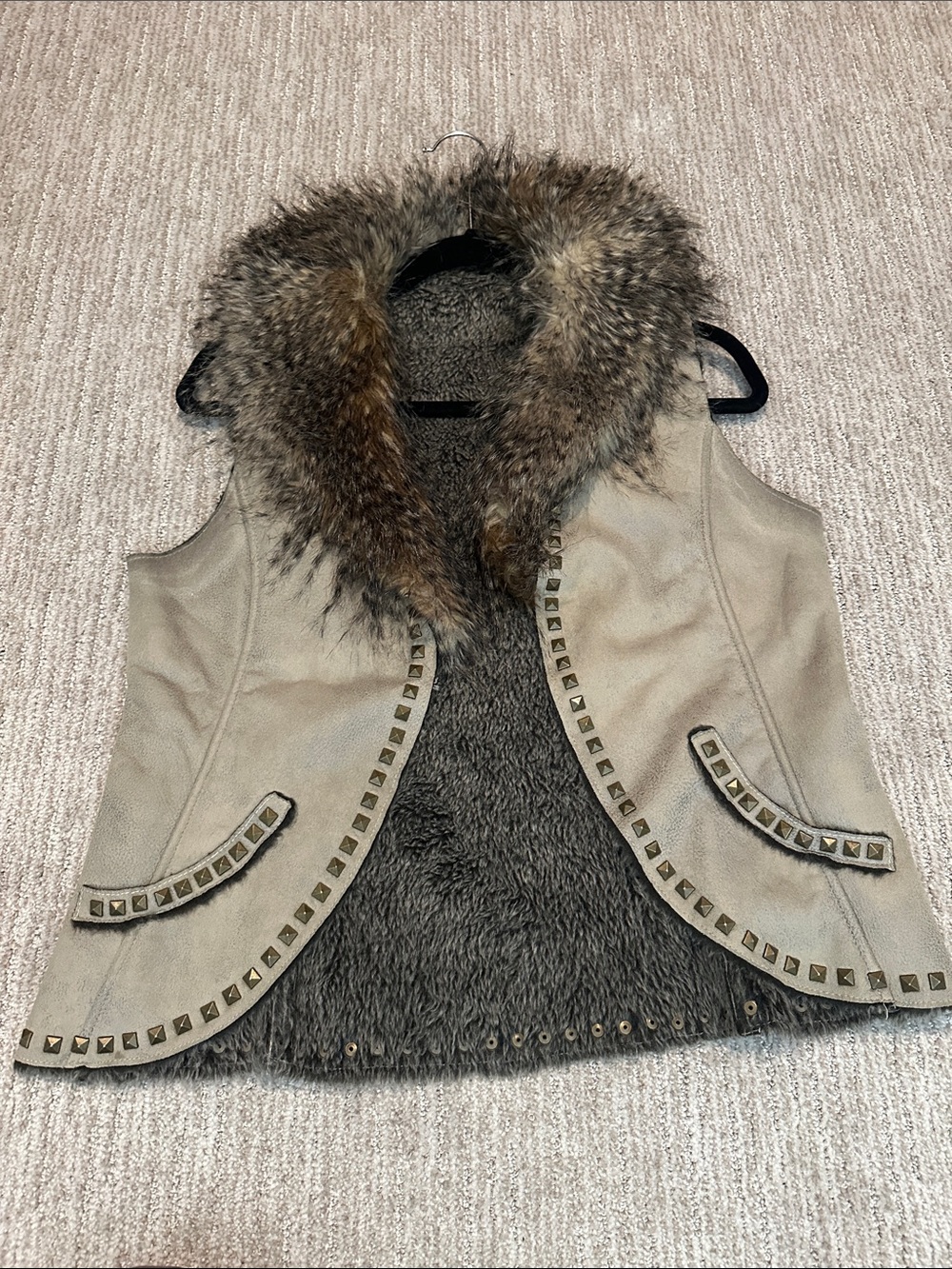 Faux Fur-Lined Studded Vest in Taupe. Removable fur collar